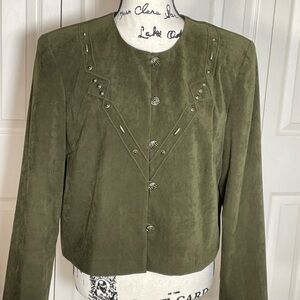 Karin Steven’s Women's Size 12 Olive Green Faux Suede Pant Suit Jacket & Slacks